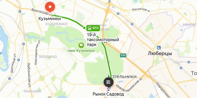 Маршрут до Садовода от метро Кузьминки