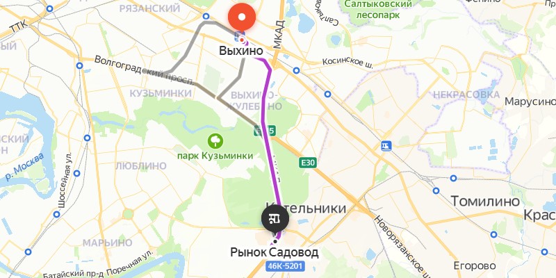 Маршрут до Садовода от метро Выхино